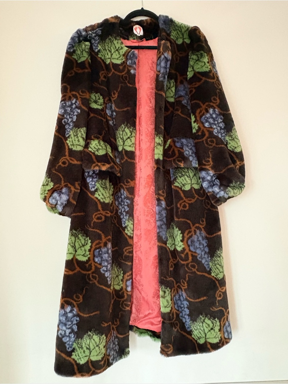 Shrimps Brown Faux Fur Coat with Green Leaves and Blue Grape Motif